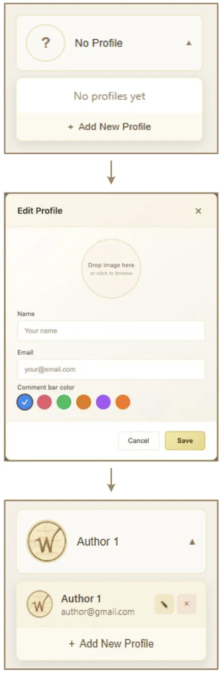 Profile creation interface with avatar, name, email, and color picker
